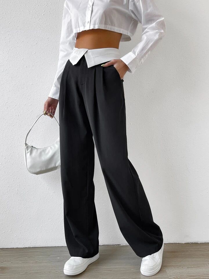 SHEIN EZwear Folded Waist Fold Pleated Suit Pants | SHEIN