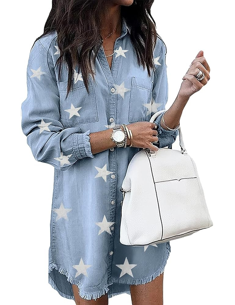 Zilcremo Women Denim Shirt Dresses Long Sleeve Distressed Jean Dress Button Down Casual Tunic Top | Amazon (US)