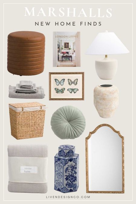 Marshall's home decor. Green round velvet pillow. Leather ottoman pouf. Coffee table book. woven hamper lidded laundry basket. gold arch mirror. Cement lamp. Textured blanket. blue and white jar. Ginger jar. Chinoiserie jar. Blue and white vase. Butterfly art. Towel set. 

#LTKSeasonal #LTKhome #LTKstyletip