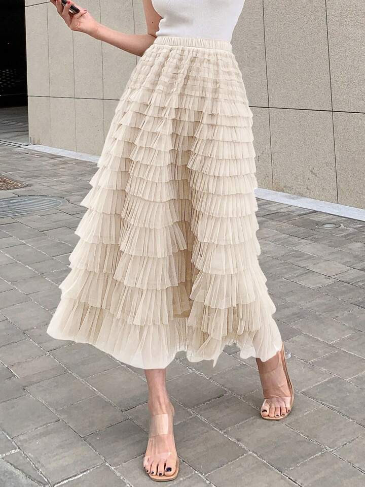 DAZY Saias sólido camada de babado bainha malha | SHEIN