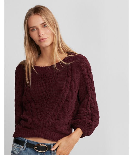 Express Womens Cable Knit Matte Chenille Balloon Sleeve Sweater Red Xx Small | Express
