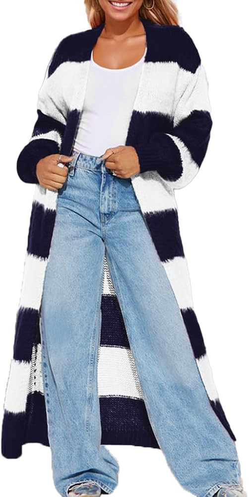 Women's Color Block Striped Cardigan Sweater Casual Loose Knitted Long Open Front Cardigans Overs... | Amazon (US)