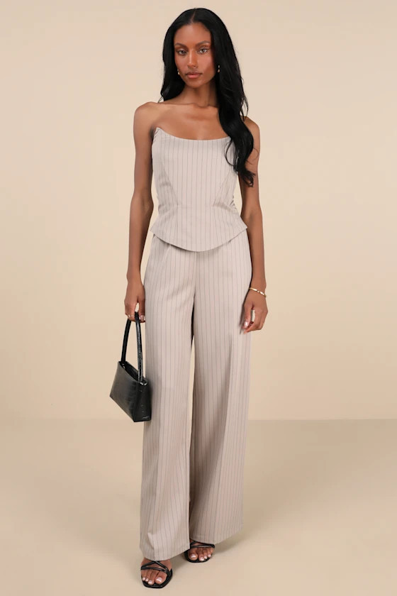 Polished Charisma Taupe Pinstriped Strapless Jumpsuit | Lulus