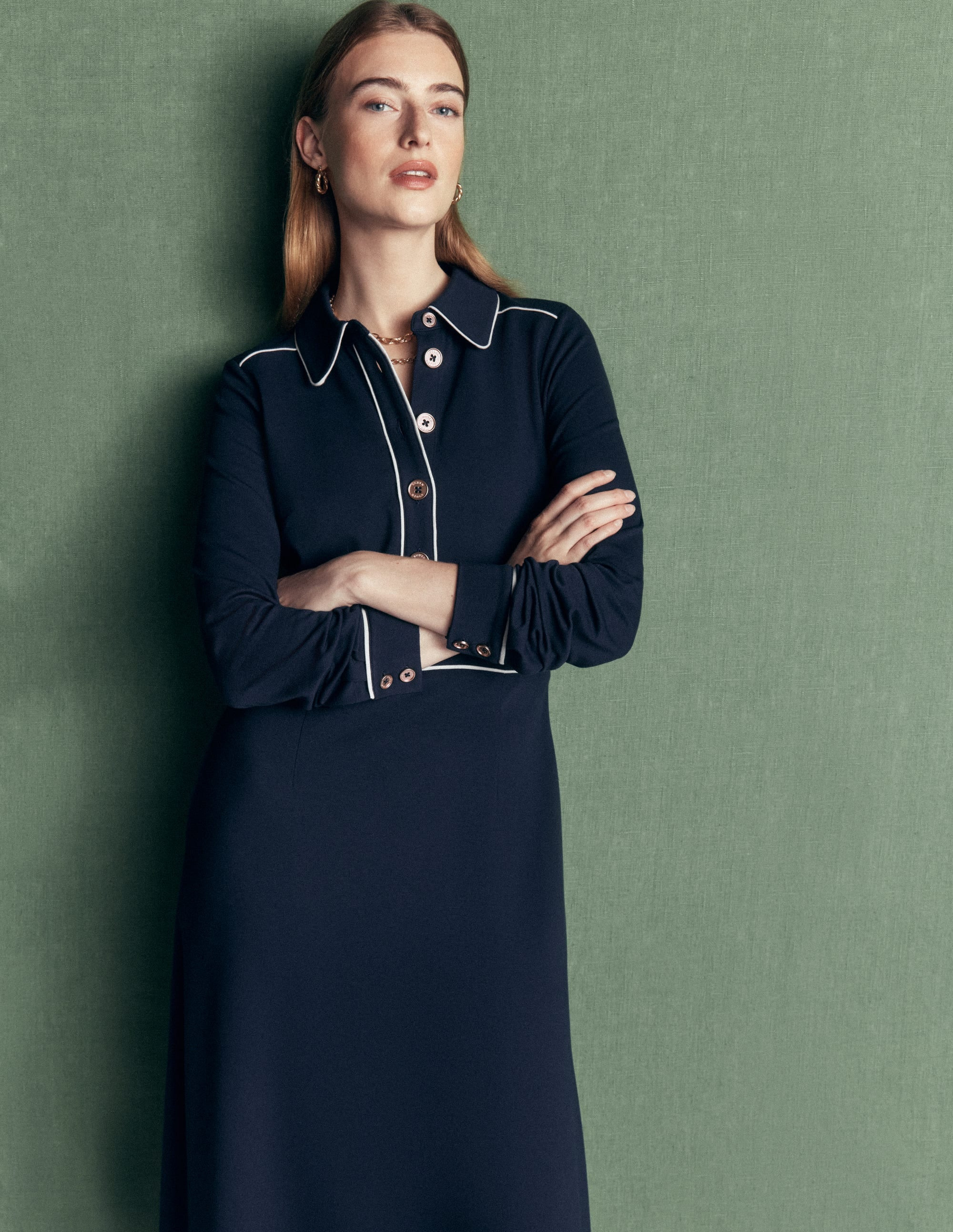 Etta Piping Detail Ponte Dress-Navy, Ivory | Boden (US)