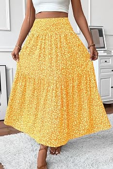 Women's Smocked High Waist Maxi Skirt Casual Boho Long Skirts with Pockets | Amazon (US)