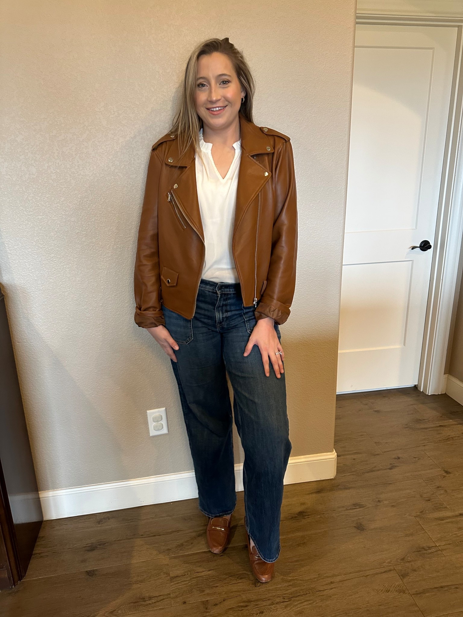 Fun fall ootd, church outfit, date night, thanksgiving, around town comfy outfit, leather jacket, wide leg jeans, loafers, trendy, clean perfume, clean aesthetic 

#LTKSaleAlert #LTKCyberWeek #LTKootd