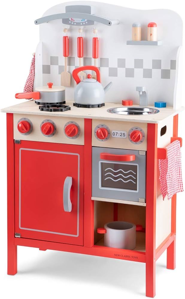 New Classic Toys Red Wooden Pretend Play Toy Kitchen for Kids with Role Play Bon Appetit Included... | Amazon (US)
