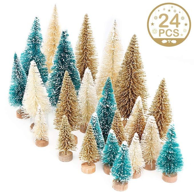 AerWo 24PCS Artificial Mini Christmas Trees, Sisal Trees with Wood Base Bottle Brush Trees for Ch... | Amazon (US)