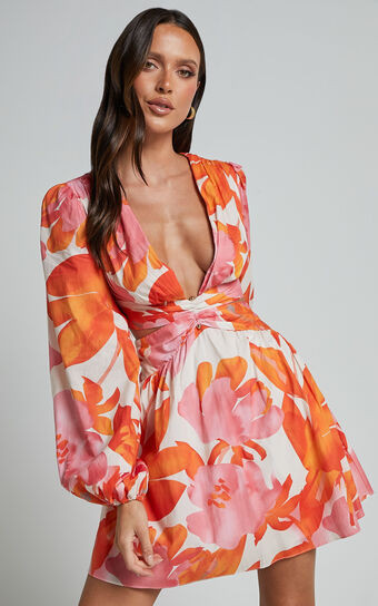 Ally Mini Dress - Plunge Neck Long Sleeve A Line Dress in Print | Showpo (US, UK & Europe)