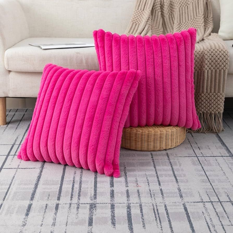 ZLINA Set of 2 Faux Fur Plush Hot Pink Throw Pillow Covers Fuzzy Striped Pillowcase Cushion Cover... | Amazon (US)