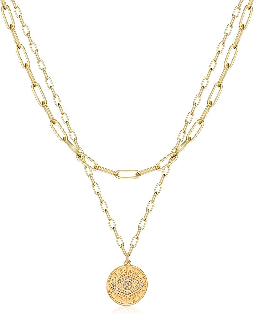 Turandoss Gold Necklaces for Women - 14K Gold Plated Lock Evil Eye Medallion Vintage Coin Necklace B | Amazon (US)