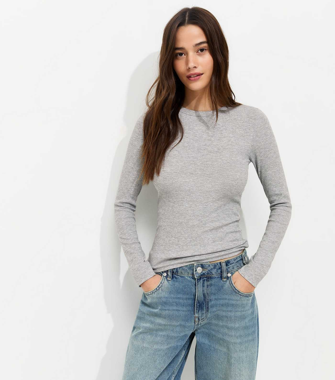 Grey Marl Cotton Rich Ribbed Crew Neck Long Sleeve Top | New Look | New Look (UK)