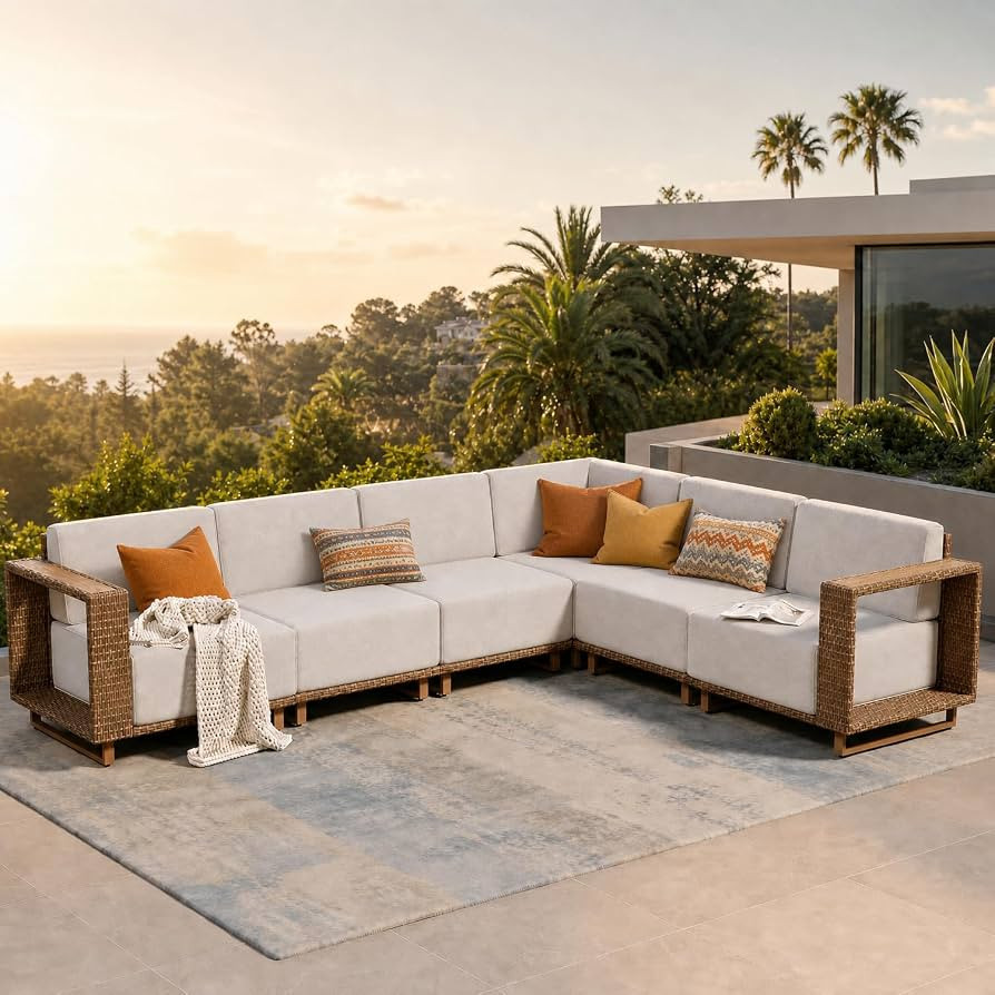 SUNSHINE VALLEY Patio Sectional Furniture, Outdoor Yellow Rattan Wicker Sofa with 10''Ultra-Thick... | Amazon (US)
