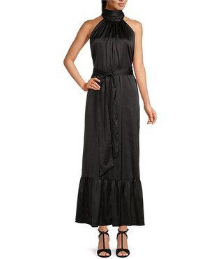 Gemma Silk Halter Neck Sleeveless Tie Waist Tiered Hem Gown | Dillard's