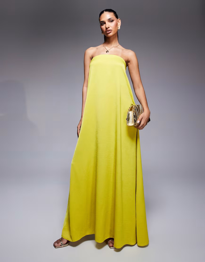 ASOS DESIGN bandeau trapeze satin maxi dress in chartreuse-Yellow | ASOS (Global)
