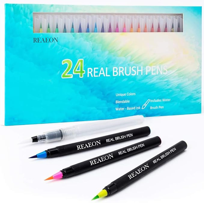 Watercolor Brush Pens, Real Brush Pen, 24 Color Painting Markers with Flexible Nylon Tips for Dra... | Amazon (US)