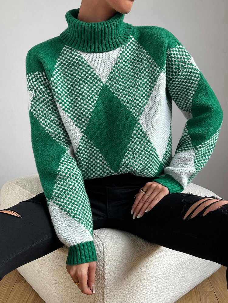 Argyle Pattern Turtleneck Drop Shoulder Sweater | SHEIN