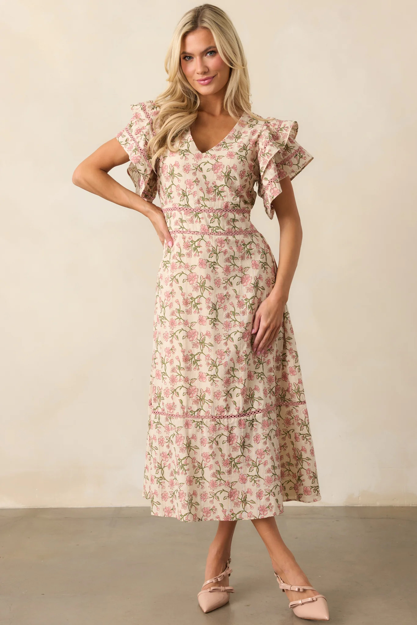 Dandelion Wishes Cotton Rose Pink Flutter Sleeve Midi Dress | Red Dress