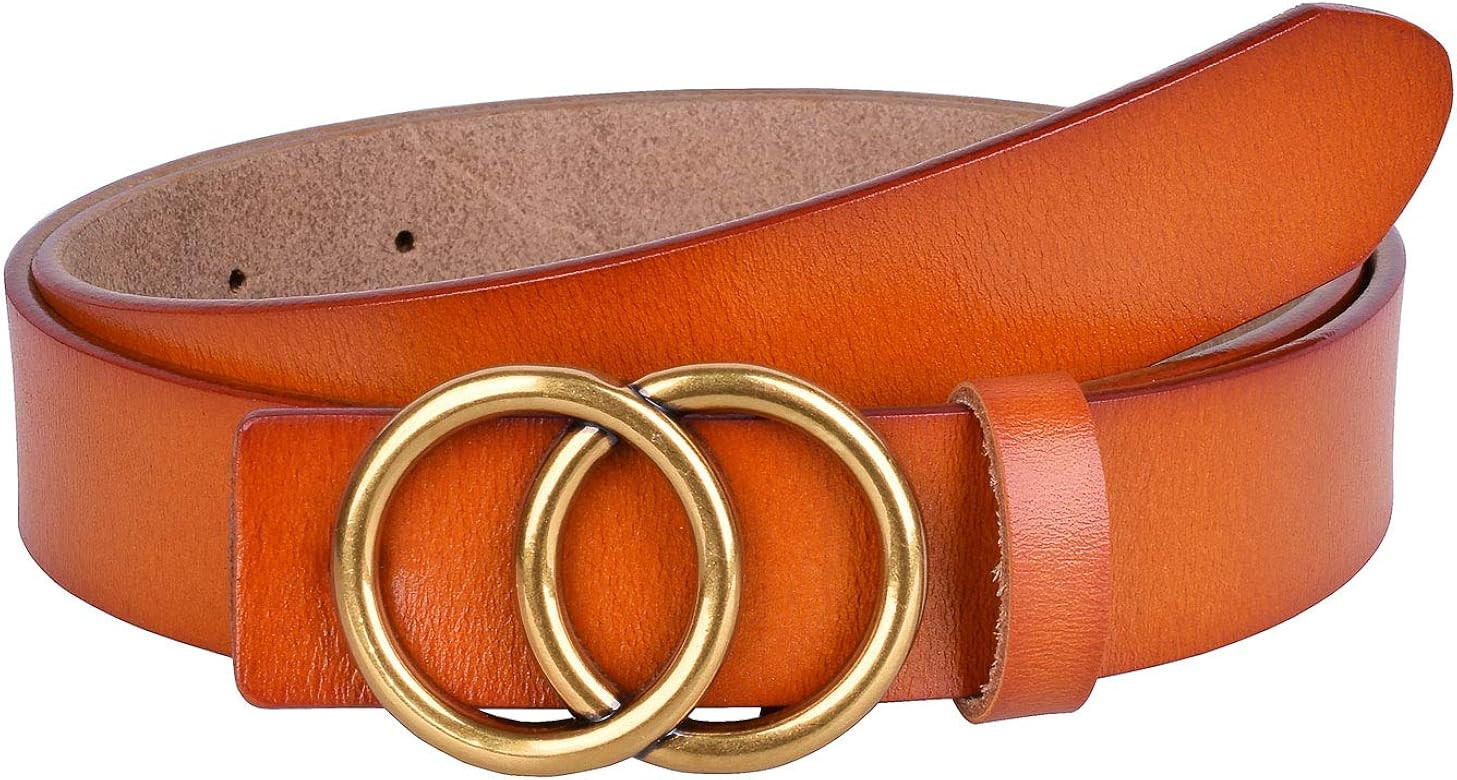 Women's Leather Skinny Belts for Dress Jeans Vintage Belts with Double O-Ring Gold Buckle | Amazon (US)