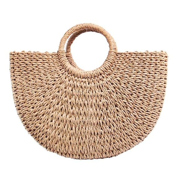 Straw Bag Large Woven Summer Bag Women Round Handle Ring Tote Retro Summer Beach Shoulder Bag | Amazon (US)