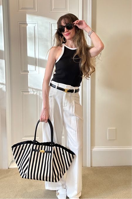 Spring work uniform! White trousers, perfect for petites, tank top, statement belt and black and white bag!

#LTKstyletip #LTKworkwear #LTKover40