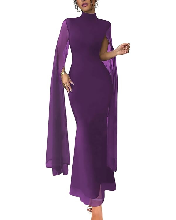 WISFRUIT Women Sexy Elegant Formal Mock Neck Flare Sleeve Mesh Evening Gowns Maxi Dress | Amazon (US)