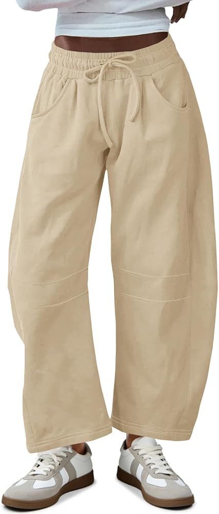Fisoew Womens Barrel Leg Sweatpant Drawstring Elastic Waisted Wide Leg Pants Casual Active Pants ... | Amazon (US)