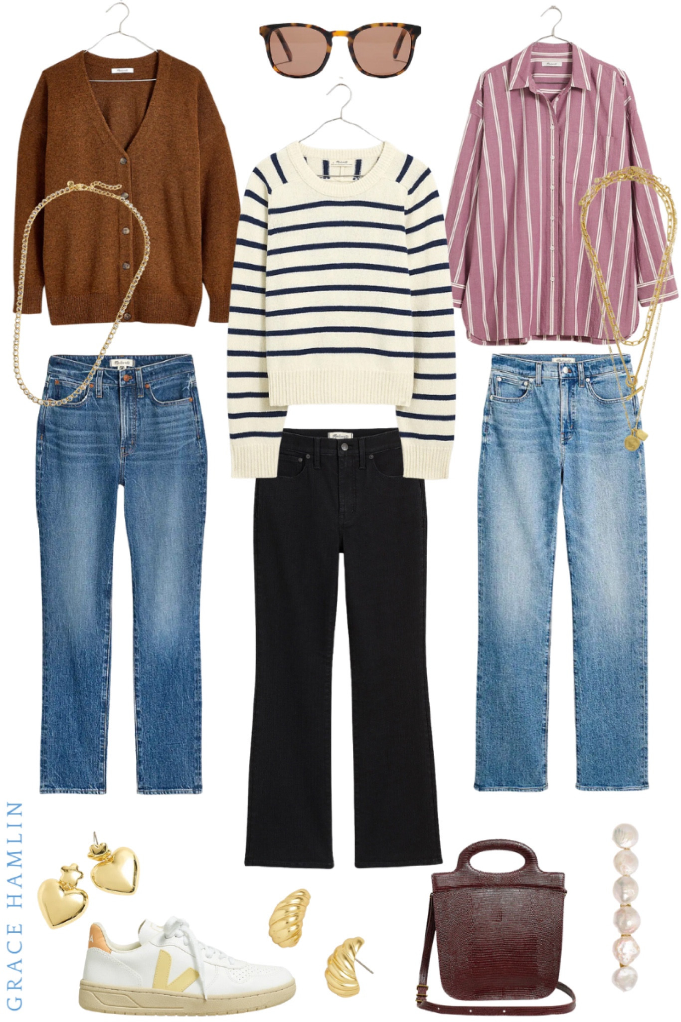 Madewell’s new arrivals for fall are so good! I own and love all 3 pairs of these jeans. They are different styles - cropped, kick flare, straight, and curvy. Each style fits TTS, I wear a plus size 18W. The brown cardigan, navy striped sweater, and light burgundy shirt will also be on repeat for me this season. In these pieces I was able to size down to an XL, but the extended sizes are available. Accessorize with gold earrings, a necklace, sunglasses, or a burgundy crossbody bag. 

Classic style, preppy, Madewell, mom style, everyday casual outfit, ootd #madewell #classic #momstyle #jeans 

#LTKSeasonal #LTKplussize #LTKsalealert