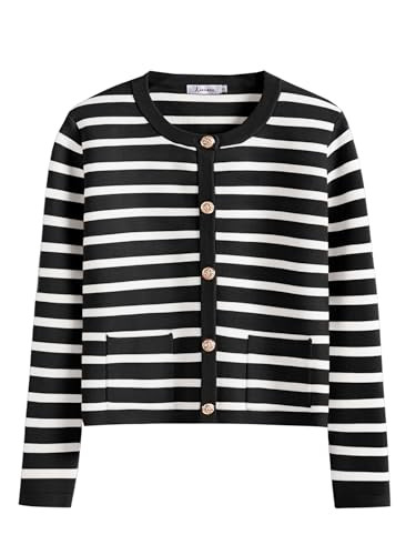 ANRABESS Women Striped Cardigan Sweaters Button Down Cropped Knit Lady Jackets Coat 2025 Fall Outfits Trendy Clothes Black and White Small | Amazon (US)