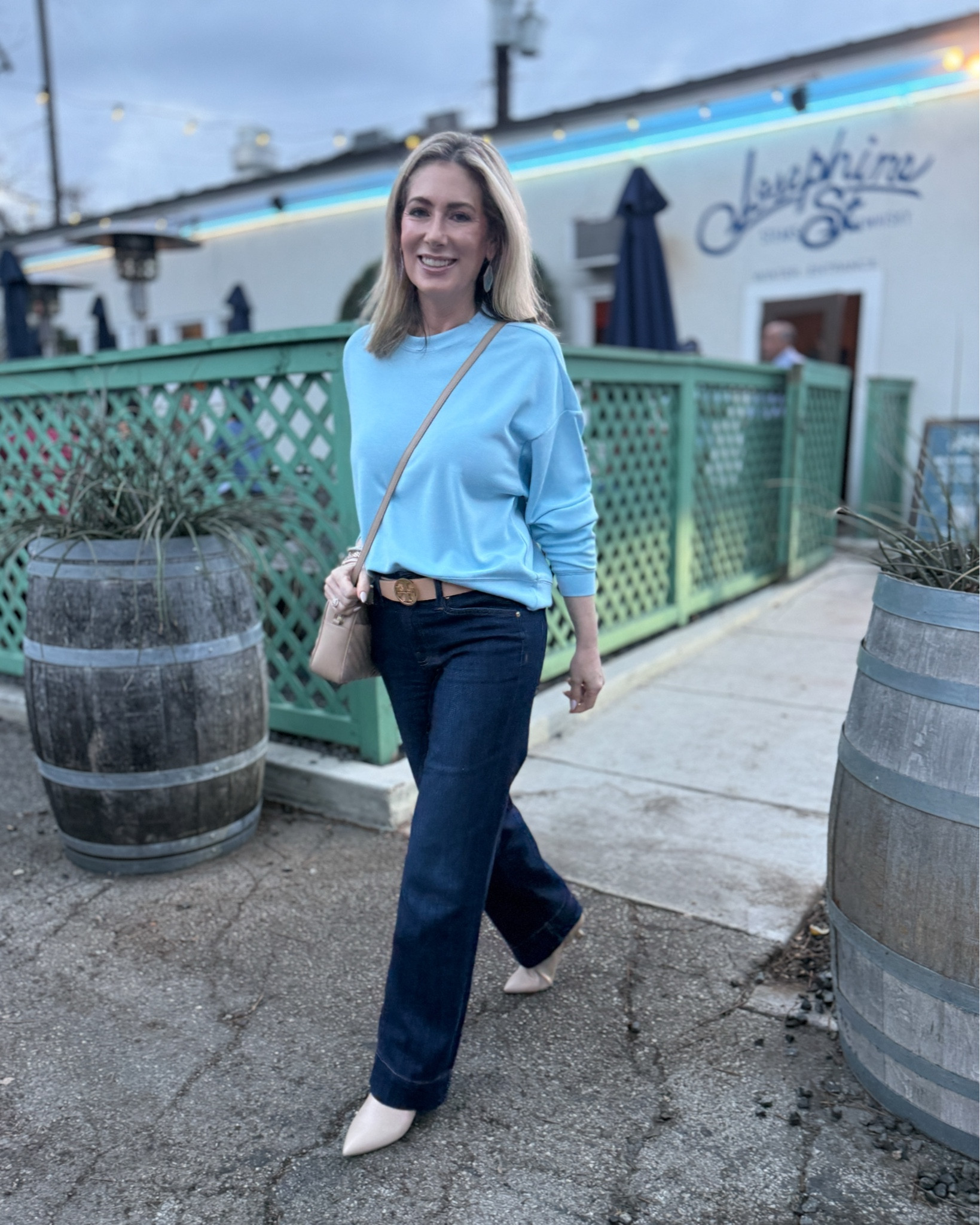 This scuba knit drop shoulder top is actually a $19 sweatshirt, but I decided to dress it up with a pair of dark wash jeans, kitten heel boots and some amazing earrings and wear it out to dinner and to the Spurs game last night. Our team colors are black & silver/white but on special “City Connect” nights we wear baby blue. Dinner was amazing, the game went into overtime and sadly we lost, but it was a great night AND I was comfortable! I shared this top and 16 other pieces in my latest Walmart haul which is live now on my YouTube channel!

#fashionover50 #casualoutfit #datenight #trouserjeans #scuba #scubaknit #whattoweartoabasketballgame #gospursgo #walmartfashion 

#LTKStyleTip #LTKOver40 #LTKFindsUnder50