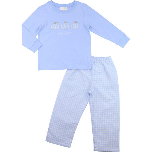 Blue Plaid Applique Pumpkin Pant Set | Cecil and Lou