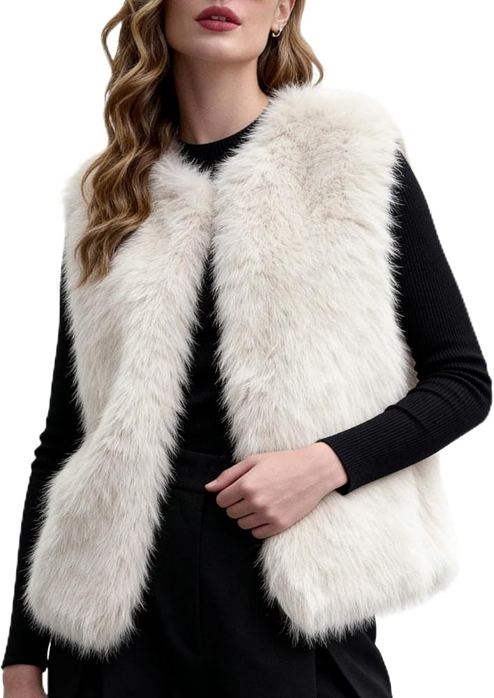 Flygo Faux Fur Vest Women Sleeveless Faux Fur Jacket Furry Open Front Cardigan Top Fluffy Winter ... | Amazon (US)