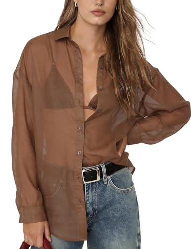Flygo Sheer Tops for Women See Through Shiny Button Down Shirts Sexy Long Sleeve Loose Collared B... | Amazon (US)