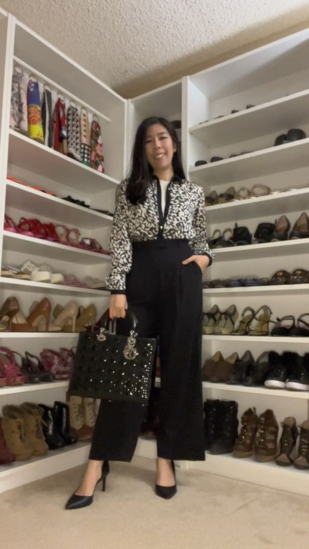 These high waisted wool trousers are one of my most comfortable bottoms! They’re actually travel pants though I do occasionally wear them to work! It’s still cool in San Diego so I layered up on top with a silk sleeveless shell and a black and white bird shirt. I finished it off with black accessories including this Lady Dior bag and d’orsay heels. 

#LTKstyletip #LTKworkwear #LTKfindsunder100
