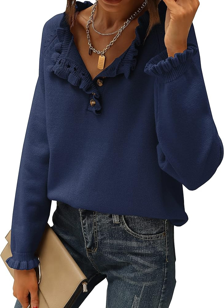 BTFBM Women's Sweaters Casual Long Sleeve Button Down Crew Neck Ruffle Knit Pullover Sweater Tops... | Amazon (US)