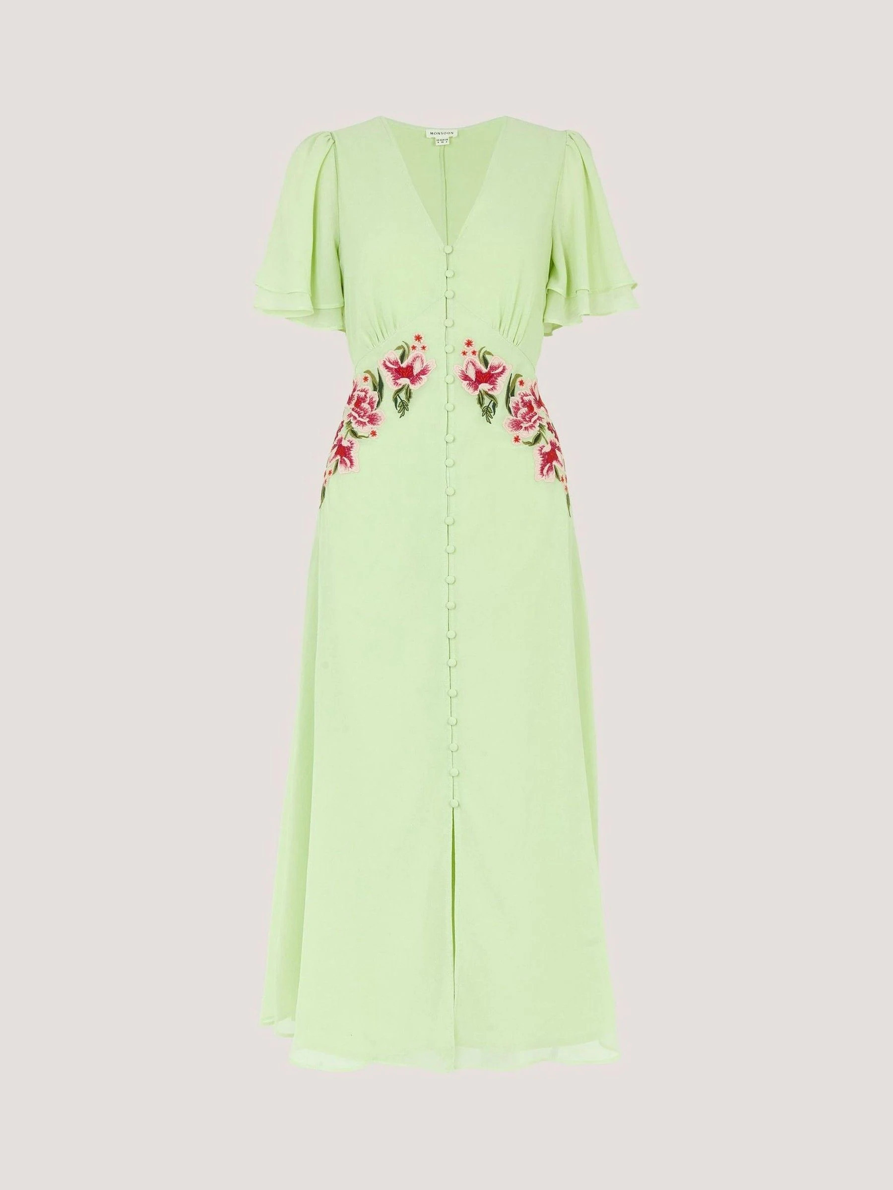 Monsoon Monsoon Sage Green Coraline V-Neck Floral Embroidered Short Sleeve Midi Dress | Next EU