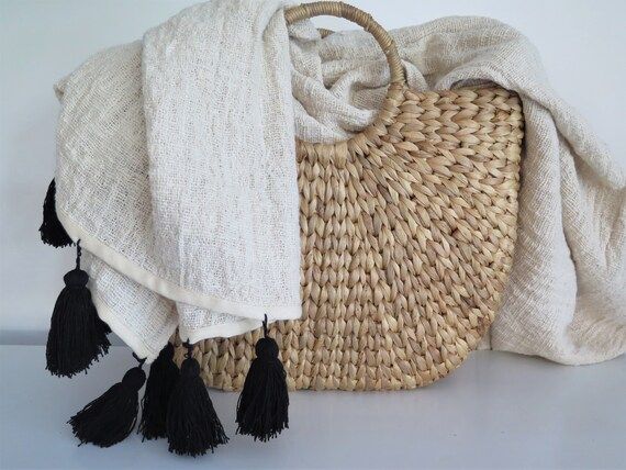 Handloomed natural beige raw cotton black tassel throw blanket 94x47, (240x120 cm) | Etsy (US)