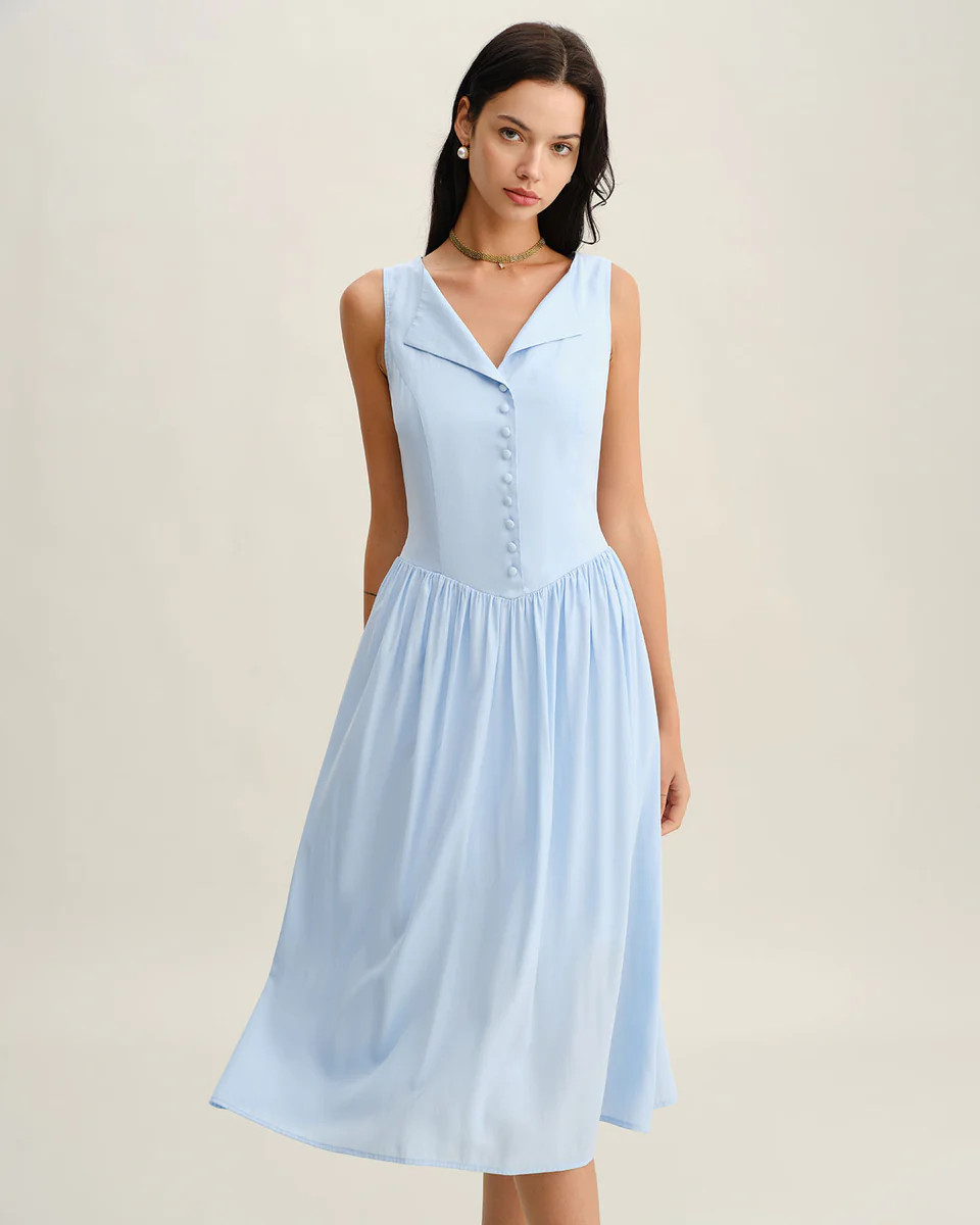 Blue V Neck Button Sleeveless Midi Dress | rihoas.com