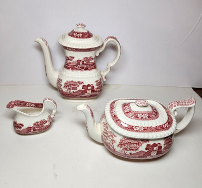 VTG Copeland Spode's Tower Red Pink Coffee w/ Lid, 3-cup Teapot w/ Lid, Creamer  | eBay | eBay US