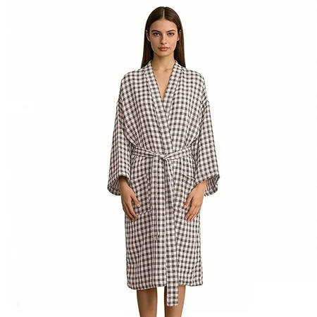 Amazhiyu Women's Cotton Gauze Lightweight Summer Plaid Kimono Bath Robe Pockets | Walmart (US)