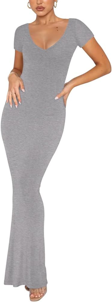 REORIA Women's Sexy V Neck Maxi Dress Casual Short Sleeve Ribbed Lounge Bodycon Long Dresses | Amazon (US)