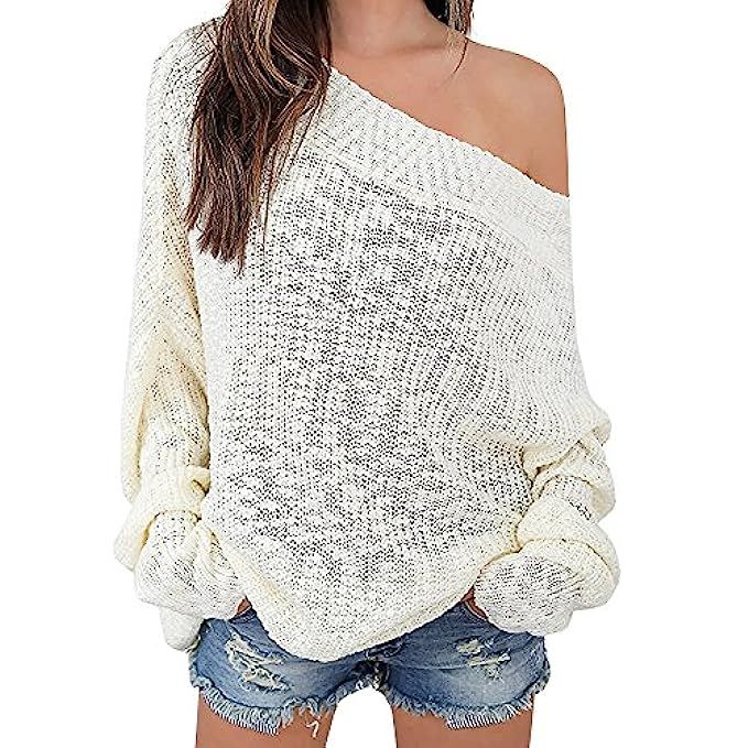 Exlura Women's Off Shoulder Batwing Sleeve Loose Oversized Pullover Sweater Knit Jumper | Amazon (US)