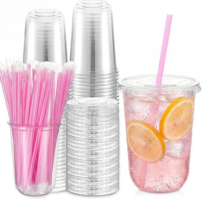 Ziliny 50 Pack 16 oz Clear Plastic Cups with Lids and Straws Disposable Iced Coffee Cups Round Bo... | Amazon (US)