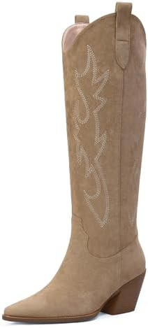 iiimmu Cowgirl Boots Women Knee High Boots Pointed Toe and Block Heel Cowboy Suede and Faux Leath... | Amazon (US)
