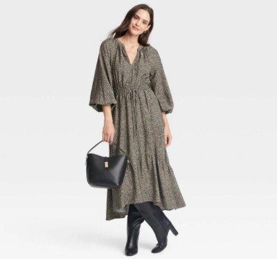 NWT~ A New Day sz S Leopard Long Sleeve Tiered Midi Dress Balloon Sleeve RR8 | eBay US