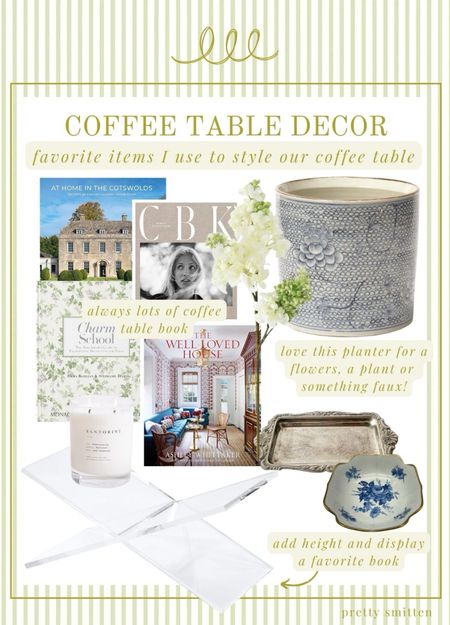 Coffee table styling - the best blue and white pot as a centerpiece (fill with fresh or faux flowers), an acrylic book stand to display a favorite, trinket trays to put on top of books and a candle of course. Plus lots of design books, always! 

#LTKHome #LTKStyleTip
