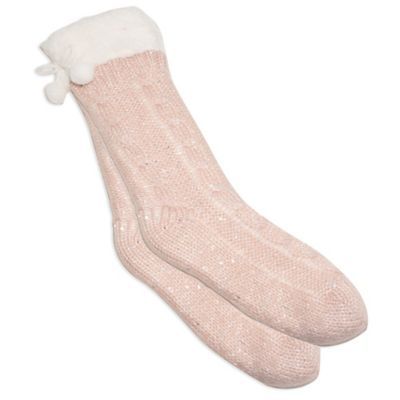 Women's Sherpa Lined Lurex Crew Socks with Pom Poms in Silver | Bed Bath & Beyond