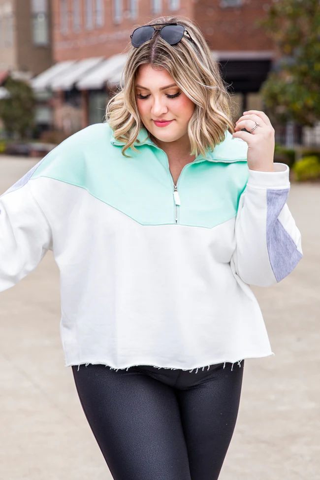 Jump Right In Mint Colorblock Quarter Zip Pullover DOORBUSTER | Pink Lily