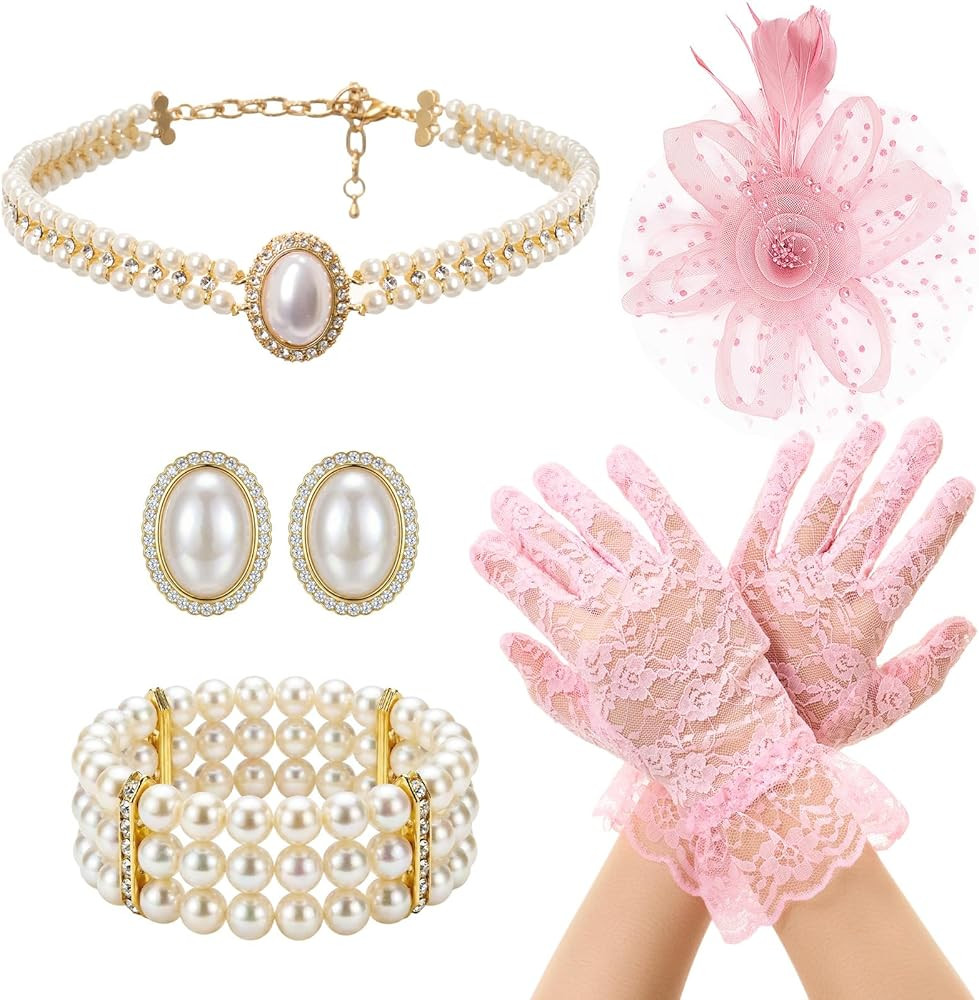 Landical 5 Pcs 1950s Women Tea Party Accessory Set Fascinator Hat Lace Gloves Pearl Jewelry Weddi... | Amazon (US)