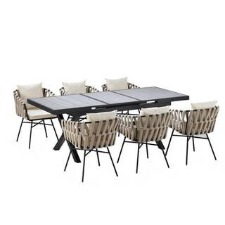 7-Piece Metal Outdoor Dining Set with Gray Cushions-Expandable Black Table & 6 Polyester Woven Chairs | The Home Depot